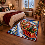 red holiday steam train carrying Santa through a snowy valley area rug, holiday room view 6