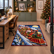 red holiday steam train carrying Santa through a snowy valley area rug, holiday room view 7