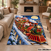 red holiday steam train carrying Santa through a snowy valley area rug, holiday room view 8
