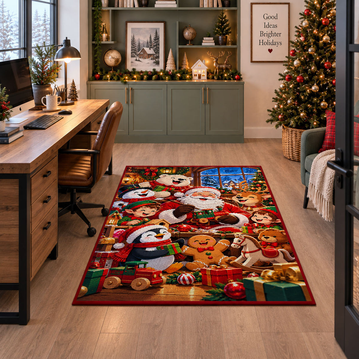 Santa and winter friends decorating inside a cozy Christmas room area rug, holiday room view 7