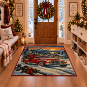 red pickup truck with a Christmas tree in snowy hills area rug, holiday room view 1