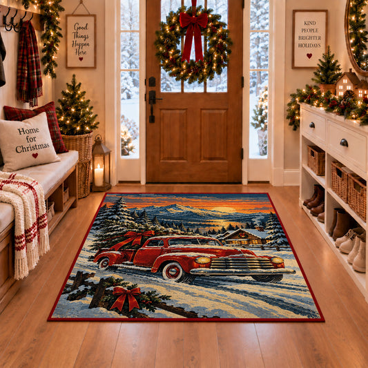 red pickup truck with a Christmas tree in snowy hills area rug, holiday room view 1