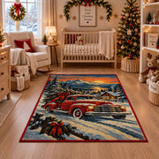red pickup truck with a Christmas tree in snowy hills area rug, holiday room view 10