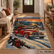red pickup truck with a Christmas tree in snowy hills area rug, holiday room view 2
