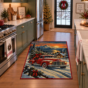 red pickup truck with a Christmas tree in snowy hills area rug, holiday room view 3
