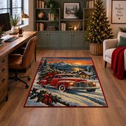 red pickup truck with a Christmas tree in snowy hills area rug, holiday room view 4