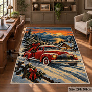 red pickup truck with a Christmas tree in snowy hills area rug, holiday room view 5