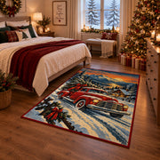 red pickup truck with a Christmas tree in snowy hills area rug, holiday room view 6