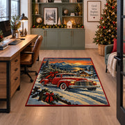red pickup truck with a Christmas tree in snowy hills area rug, holiday room view 7