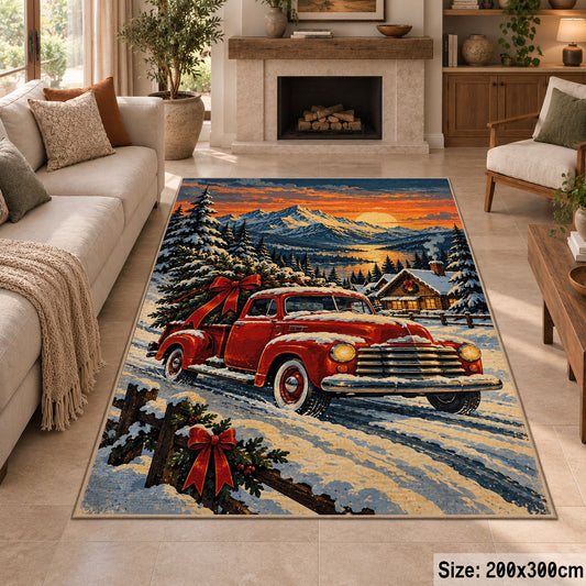 red pickup truck with a Christmas tree in snowy hills area rug, holiday room view 8