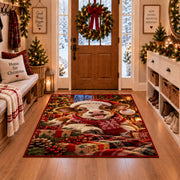 lamb wearing Santa hat and scarf beside wrapped gifts area rug, holiday room view 1