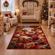 lamb wearing Santa hat and scarf beside wrapped gifts area rug, holiday room view 10