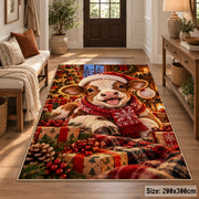 lamb wearing Santa hat and scarf beside wrapped gifts area rug, holiday room view 2