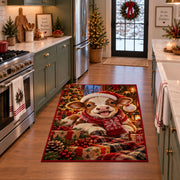 lamb wearing Santa hat and scarf beside wrapped gifts area rug, holiday room view 3