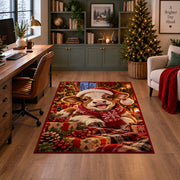 lamb wearing Santa hat and scarf beside wrapped gifts area rug, holiday room view 4
