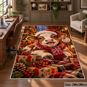 lamb wearing Santa hat and scarf beside wrapped gifts area rug, holiday room view 5