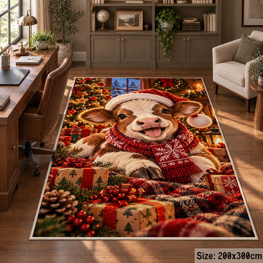 lamb wearing Santa hat and scarf beside wrapped gifts area rug, holiday room view 5