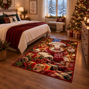 lamb wearing Santa hat and scarf beside wrapped gifts area rug, holiday room view 6