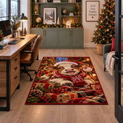 lamb wearing Santa hat and scarf beside wrapped gifts area rug, holiday room view 7