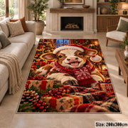 lamb wearing Santa hat and scarf beside wrapped gifts area rug, holiday room view 8