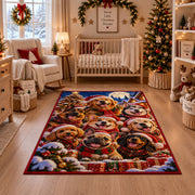 holiday dogs in festive hats and scarves in snow area rug, holiday room view 10
