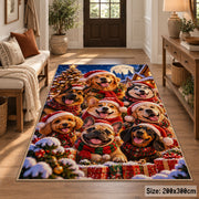 holiday dogs in festive hats and scarves in snow area rug, holiday room view 2