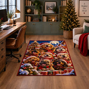 holiday dogs in festive hats and scarves in snow area rug, holiday room view 4