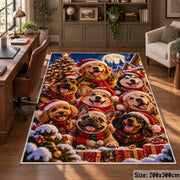 holiday dogs in festive hats and scarves in snow area rug, holiday room view 5