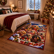 holiday dogs in festive hats and scarves in snow area rug, holiday room view 6