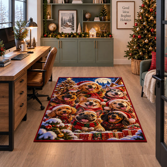 holiday dogs in festive hats and scarves in snow area rug, holiday room view 7