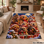 holiday dogs in festive hats and scarves in snow area rug, holiday room view 8