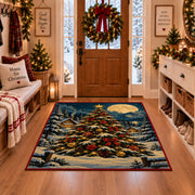 decorated Christmas tree in a snowy forest under the moon area rug, holiday room view 1