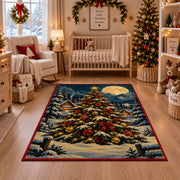 decorated Christmas tree in a snowy forest under the moon area rug, holiday room view 10