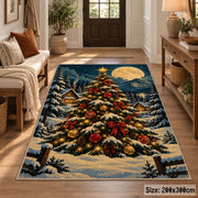 decorated Christmas tree in a snowy forest under the moon area rug, holiday room view 2