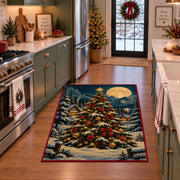 decorated Christmas tree in a snowy forest under the moon area rug, holiday room view 3