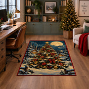 decorated Christmas tree in a snowy forest under the moon area rug, holiday room view 4