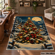 decorated Christmas tree in a snowy forest under the moon area rug, holiday room view 5