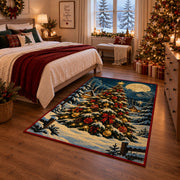 decorated Christmas tree in a snowy forest under the moon area rug, holiday room view 6