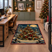 decorated Christmas tree in a snowy forest under the moon area rug, holiday room view 7