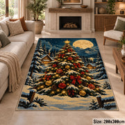 decorated Christmas tree in a snowy forest under the moon area rug, holiday room view 8