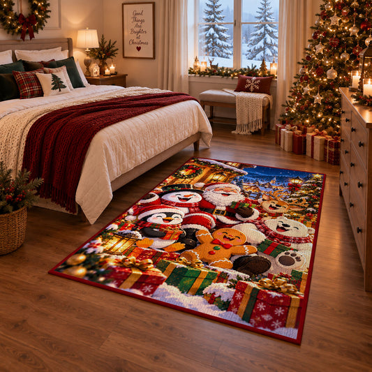 Santa, snowman, penguin and gingerbread group outside at night area rug, holiday room view 6