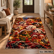 puppies in scarves around Christmas greenery and gifts area rug, holiday room view 2