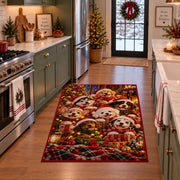 puppies in scarves around Christmas greenery and gifts area rug, holiday room view 3