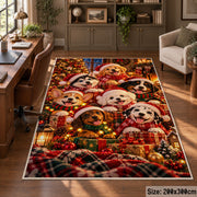 puppies in scarves around Christmas greenery and gifts area rug, holiday room view 5