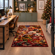 puppies in scarves around Christmas greenery and gifts area rug, holiday room view 7