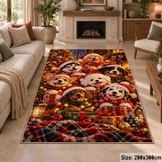 puppies in scarves around Christmas greenery and gifts area rug, holiday room view 8