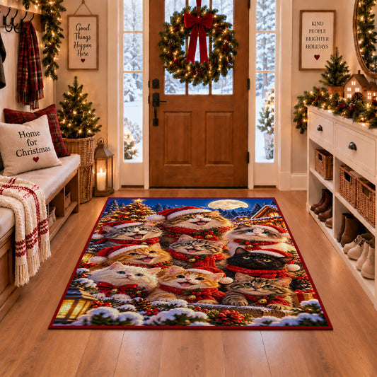 puppies and kitten in winter hats gathered around Santa area rug, holiday room view 1