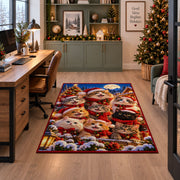 puppies and kitten in winter hats gathered around Santa area rug, holiday room view 7