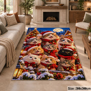 puppies and kitten in winter hats gathered around Santa area rug, holiday room view 8