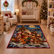 Santa with woodland animals around a tree and gifts area rug, holiday room view 10